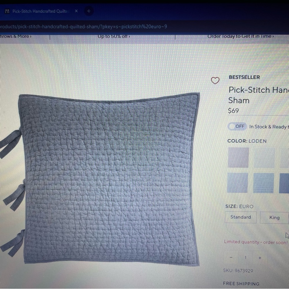 EUC Two Pottery Barn Pick-Stitch Handcrafted Cotton/Linen Quilted Euro Sham